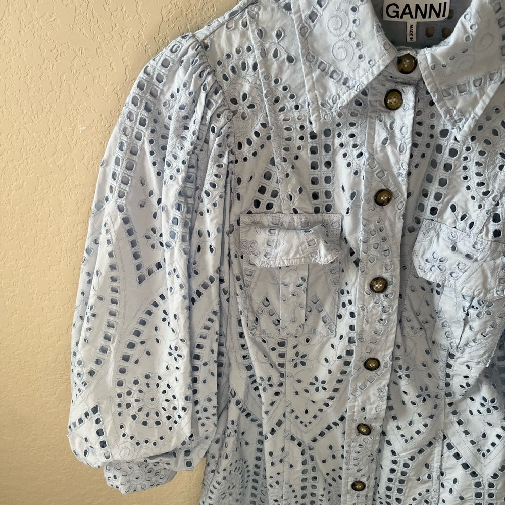 Ganni Women’s Blue Balloon-Sleeve Broderie Anglaise Mini Shirt Dress 100% Cotton - Picture 8 of 16